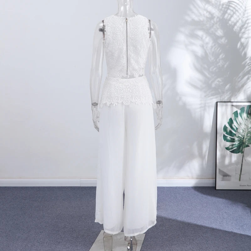 Casual Lace Tops Pants Sets Women O Neck Sleeveless High Waist Wide Legs Outfits Female 2026 Summer Beach Vacation Solid Suits