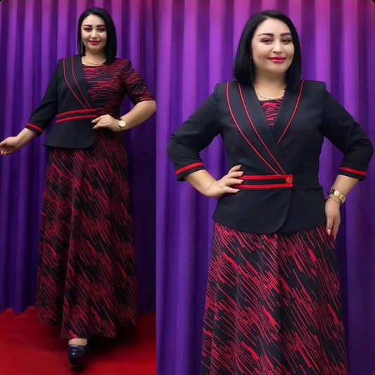 2 PCS Set African Maxi Dresses for Women Elegant Turkey Wedding Gowns with Coat Ankara Office Lady Print Outfits Robe 2024