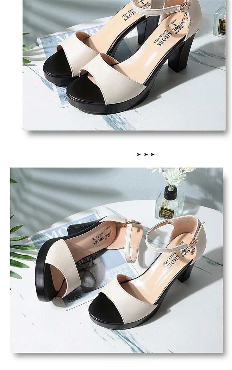 Summer Women Block Heels Fashion Breathable High Heels Sandals Classic Fish Mouth Buckle Versatile Waterproof Platform Sandals