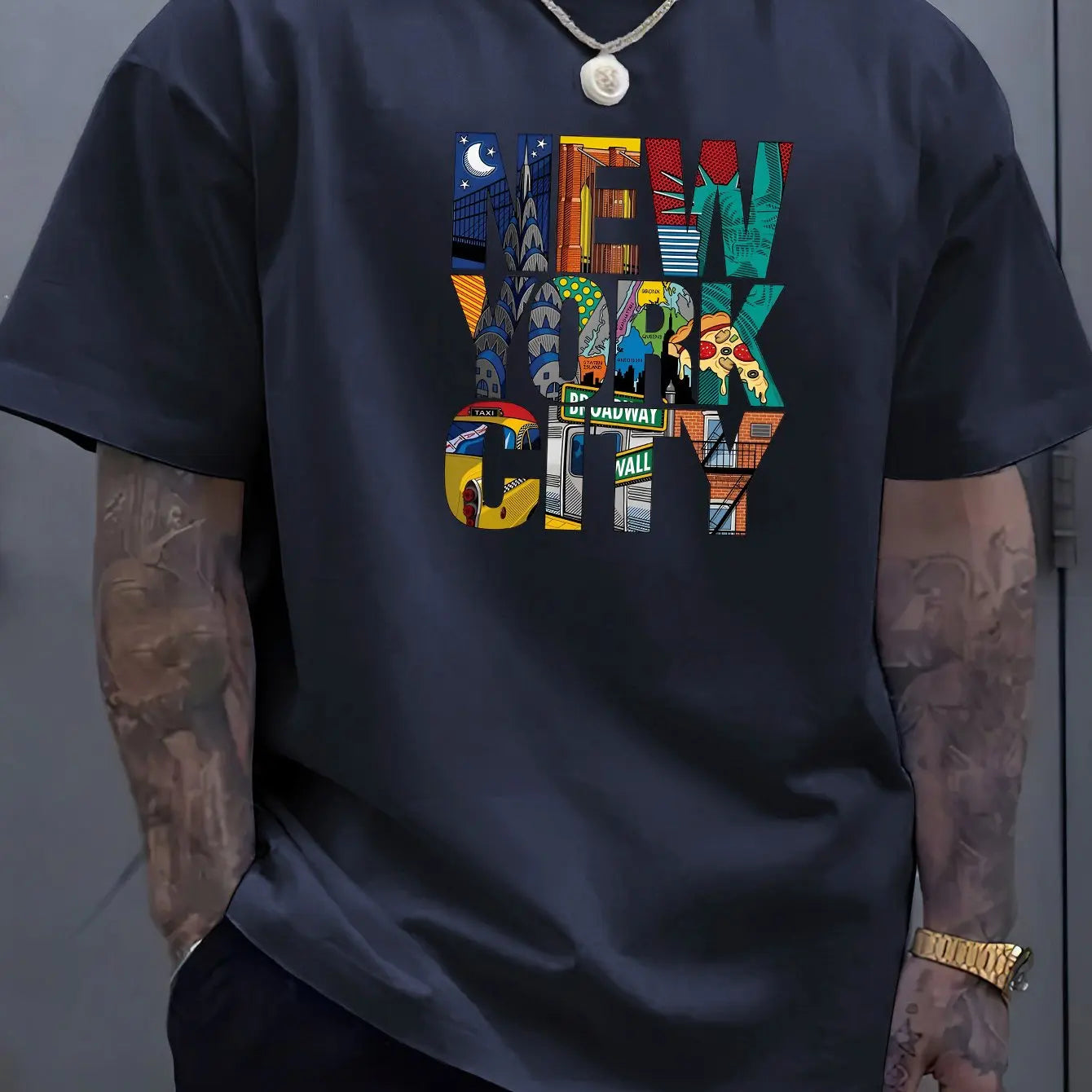 Summer men's 100% cotton comfortable casual loose plus size NEW YORK CITY printed sports round neck short sleeved T-shirt top