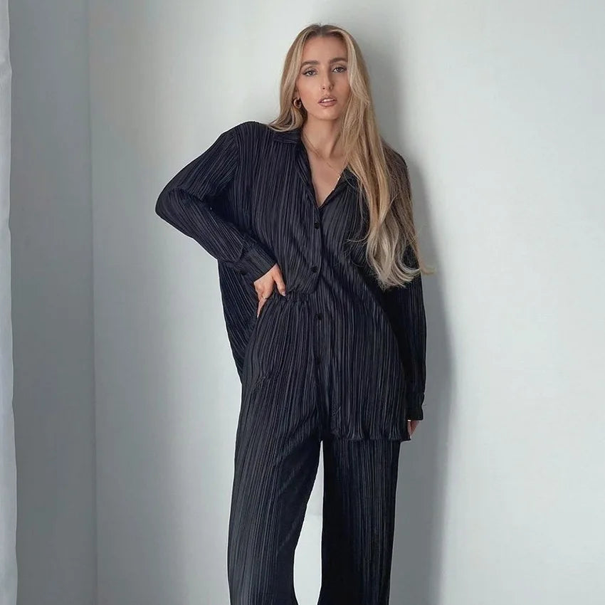 New Two Piece Set Women Outfits Pleated Women's Elegant  Drape Loose Sets Shirt High Waist Trousers Female Suit Fashion Casual