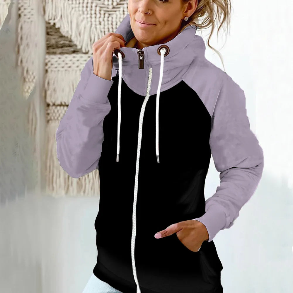 2025 Autumn Winter Women's High-neck Sweatshirt Casual Pocket Pile Collar Fleece Zipper Cardigan Color-blocking Velvet Coat