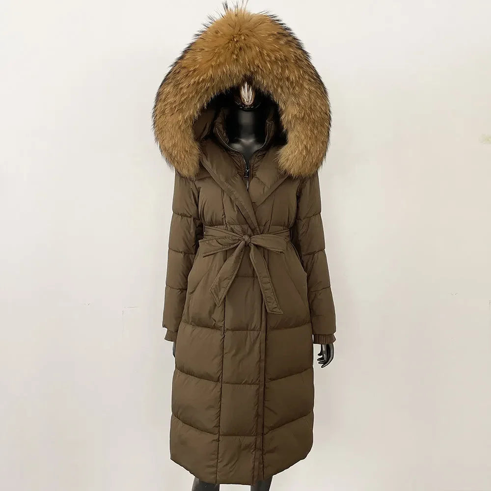 Down Jacket Women Winter Real Natural Fox Fur Hooded Detachable Collar Belt White Goose Down Coat Long Casual Elegant Overwears