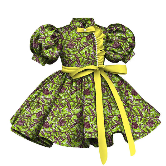 African Print Girls Dress Short Sleeve High Waist A-line Midi Dress Wedding Children's Birthday Party Evening Wyt733