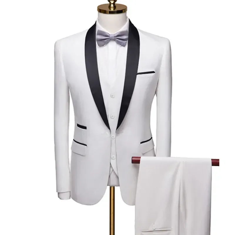 ( Jacket + Vest + Pants ) Men's 3 Piece Tuxedo Suit Set, Beige Blazer with Black Shawl Lapel for Wedding, Groom, Formal Party