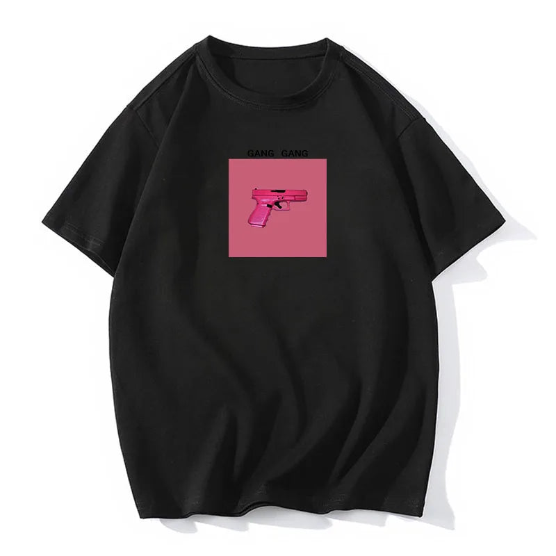 Hirsionsan 100% Cotton Pink Print T Shirt Women 2024 Summer New Basic Vintage Tee Casual Loose Chic O Neck Female Couple Tops