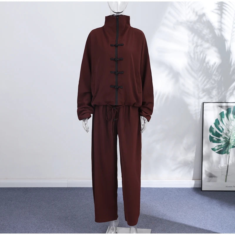 Casual Zipper Shirt Pants Suit Women Solid Button Stand Collar Drawstring Shirts Loose High Waist Trousers 2026 Spring Set Lady