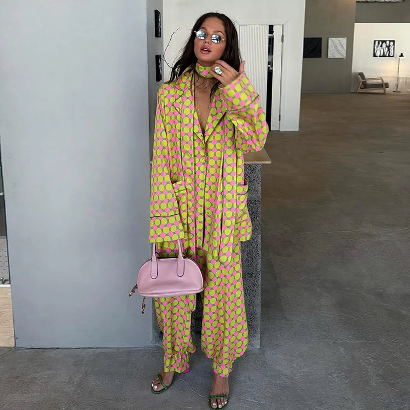 Casual Plaid Women's Blazer Pant Suits Scarf Collar Long Sleeve Button Shirt Pleated Wide Leg Trousers 2026 Summer Female Set