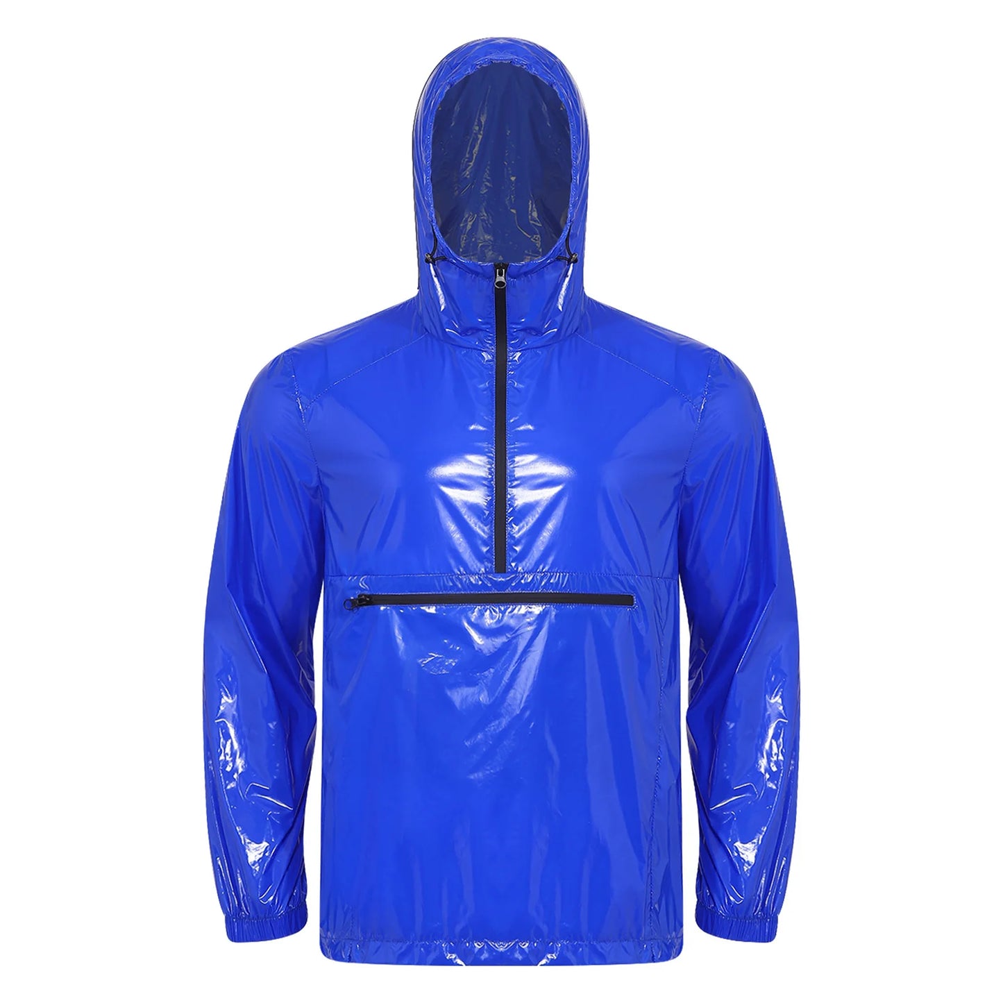 Men Shiny Glossy Hooded Jacket Windbreaker Raincoat for Hiking Fishing Biking Long Sleeve Front Zip-up Drawstring Hood Outerwear