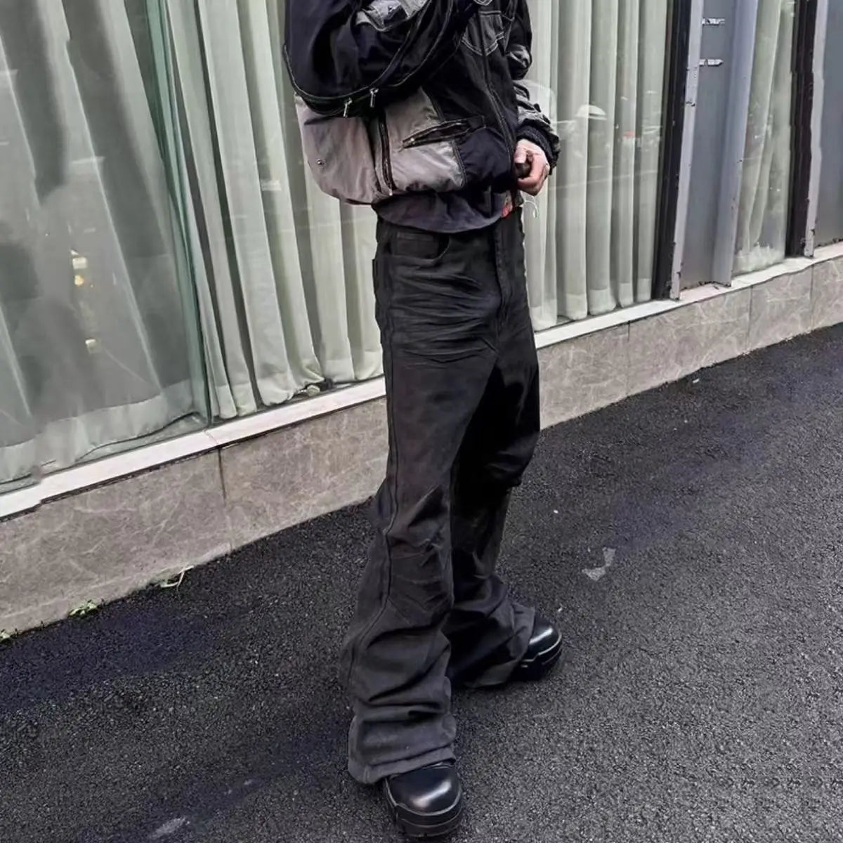 American Retro Heavy Industry High Street Coated Micro-Flared Jeans For Men And Women Black Gothic Vintage Casual Loose Jeans