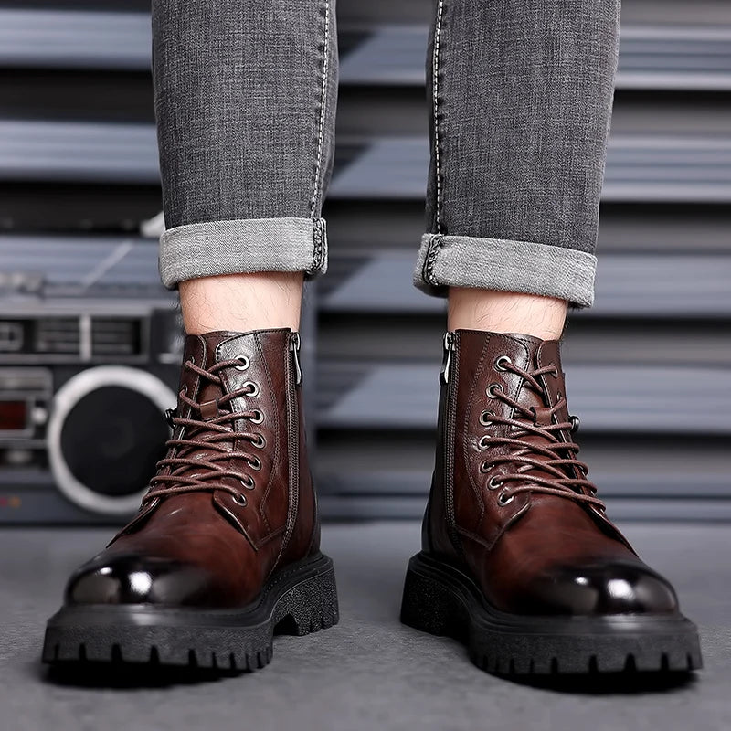Luxury Brand Men Genuine Leather Stylish Ankle Boots Winter Classic Lace-up Antiskid Thick Bottom Boots Men Casual Leather Shoes