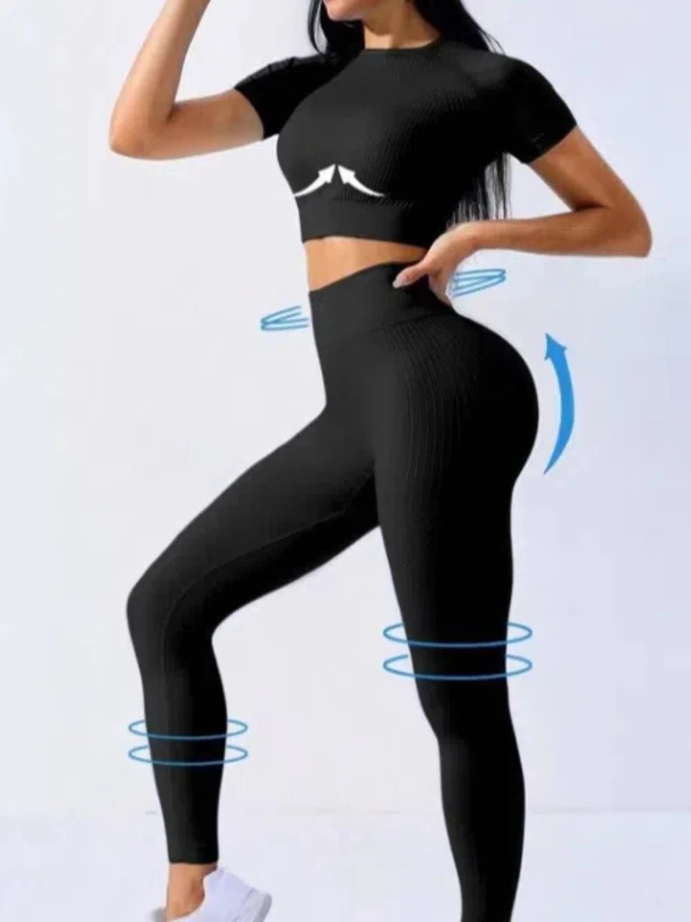 Yoga Set 2 Pieces Women Tracksuits Workout Sportswear Gym Clothing Fitness Short Sleeves Long Leggings Suits