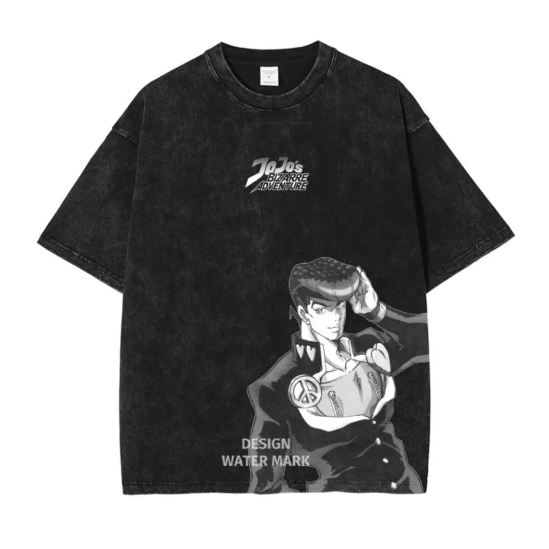Anime JoJo's Bizarre Adventure Jonathan Joestar Gyro Print Tee Men Vintage Washed Tshirts Manga Cotton T-shirt Harajuku T Shirt