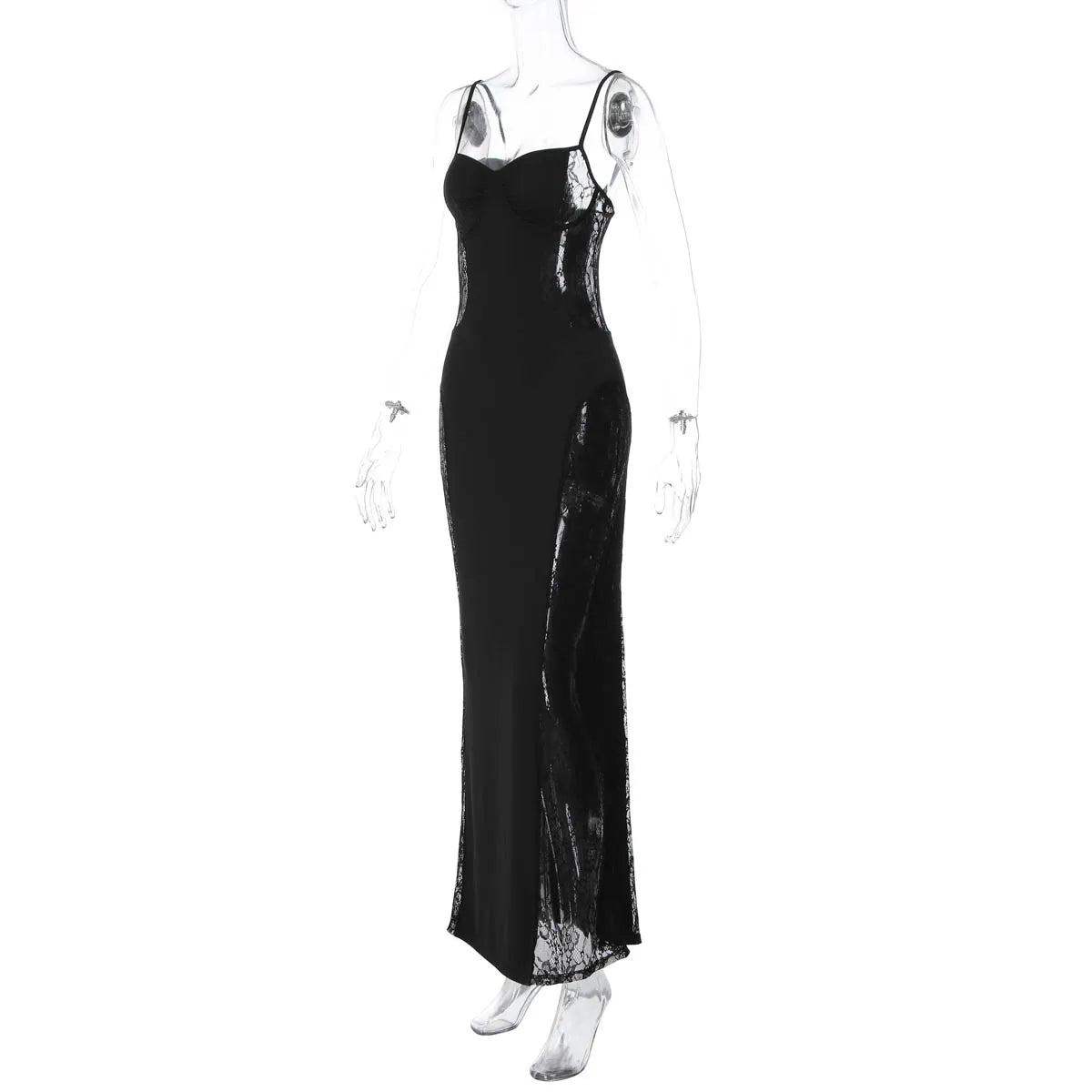 Dulzura Summer Fashion Sexy Backless Lace See Through Patchwork Suspender Long Dress Women Elegant Dress Party Club Prom Clothes