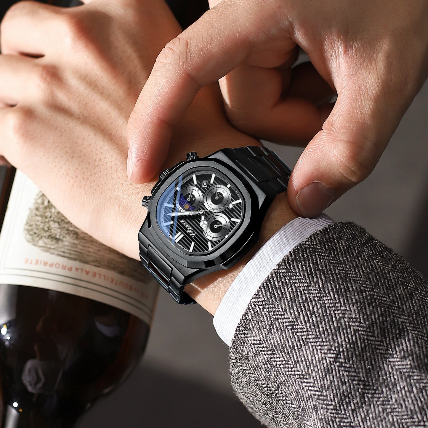 CHENXI Fashion Luxury Men's Watches Stainless Steel Quartz Movement Waterproof Calendar Moon Phase Chronograph Watch for Men