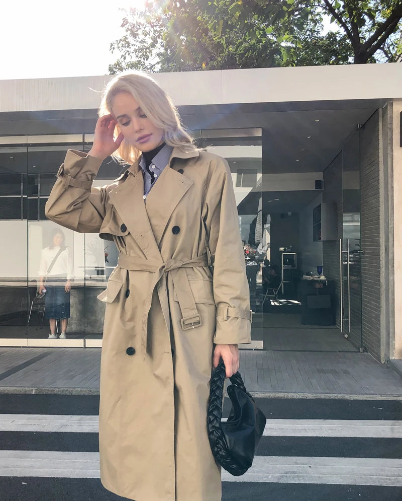 UK Brand new Fashion 2024 Fall /Autumn Casual Double breasted Simple Classic Long Trench coat with belt Chic Female windbreaker
