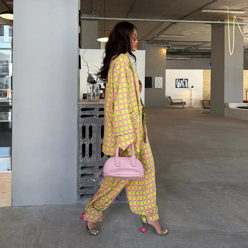 Casual Plaid Women's Blazer Pant Suits Scarf Collar Long Sleeve Button Shirt Pleated Wide Leg Trousers 2026 Summer Female Set