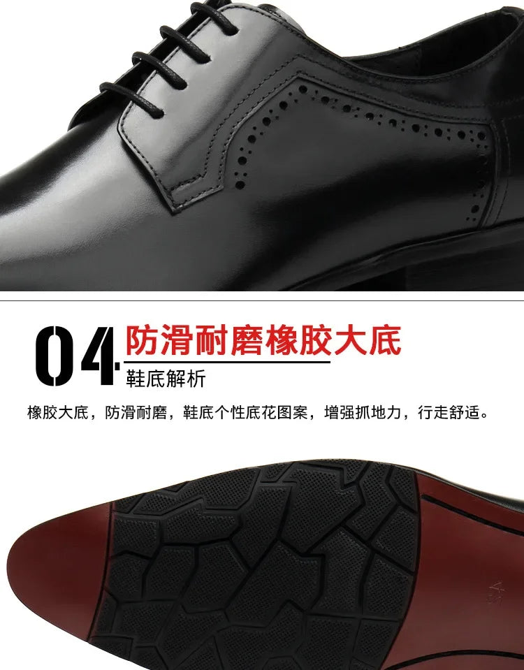 Leather shoes for men, lace up shoes for men, pointy, leather, high-end wedding, dress, Oxford, Lefu shoes, large, British style