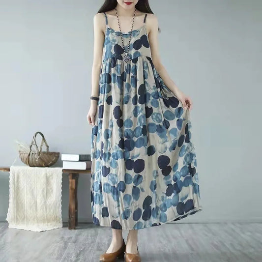 Women's Vintage Polka Dot Print Linen Wrap Dress Long Skirt Summer Commute Style Loose Waist Print A-Line Dress without Sleeve