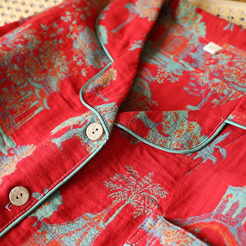 Cotton Jacquard Women's Pajamas Set for Spring and Autumn Retro Color Woven Home Clothes Long Sleeved Pyjamas Women