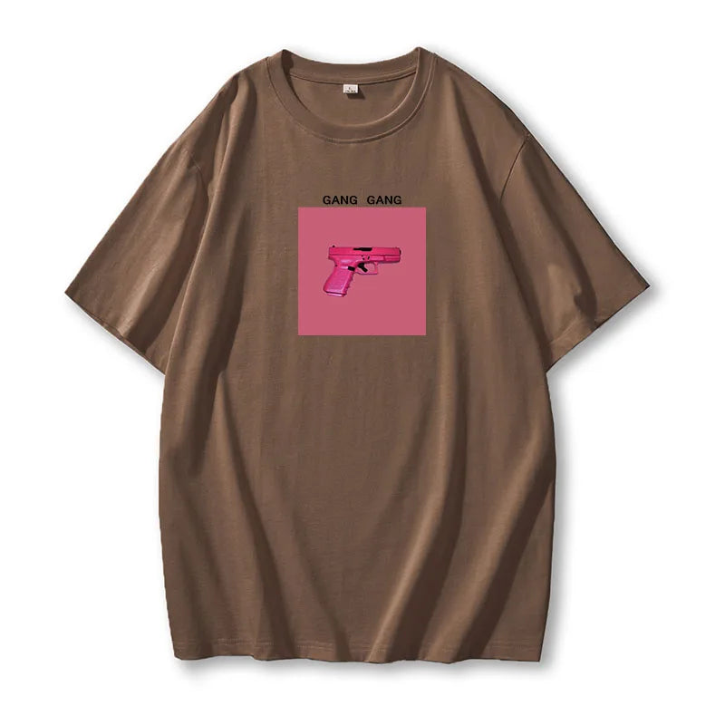 Hirsionsan 100% Cotton Pink Print T Shirt Women 2024 Summer New Basic Vintage Tee Casual Loose Chic O Neck Female Couple Tops