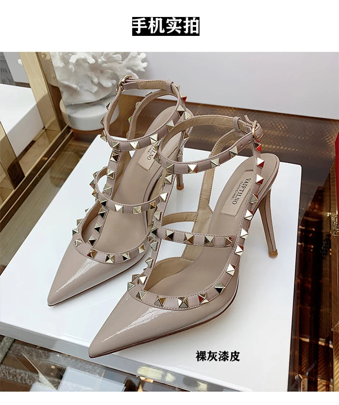 Nude Women's Gladiator sandals Summer 2025 Luxury With Ankle Strap Pointed Toe Fashion Rivet High Heels Party Ladies Shoes Women
