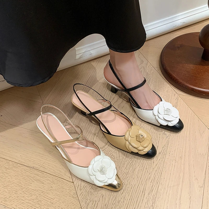 NEW Summer Women Sandals Split Leather Shoes for Women Round Toe High Heel Modern Sandals Flower Slingback Mixed Colors Shoes