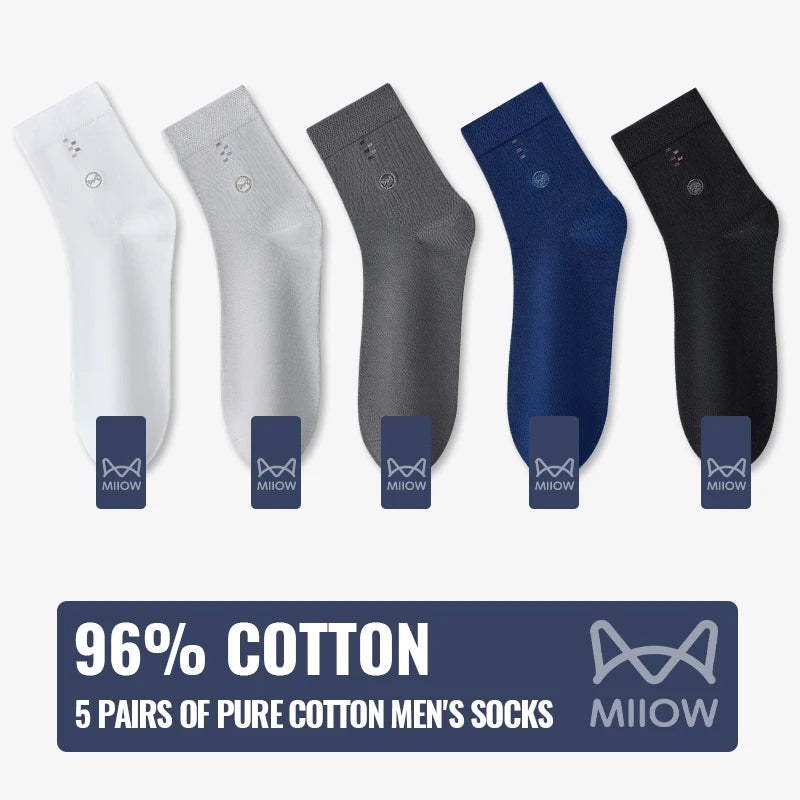 MiiOW 100% Pure Cotton Socks Men Business Dress Long Sock Black White Antibacterial Anti Odor Crew Socks Breathable Sport Sock