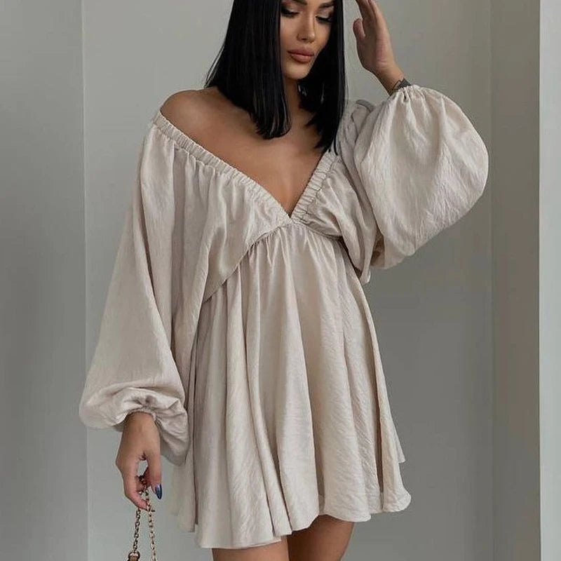 NHKDSASA Women Elegant Solid Loose Dress Summer Casual Long Sleeve Ruffle Dress Ladies Fashion V Neck A-line Party Dress Vestido