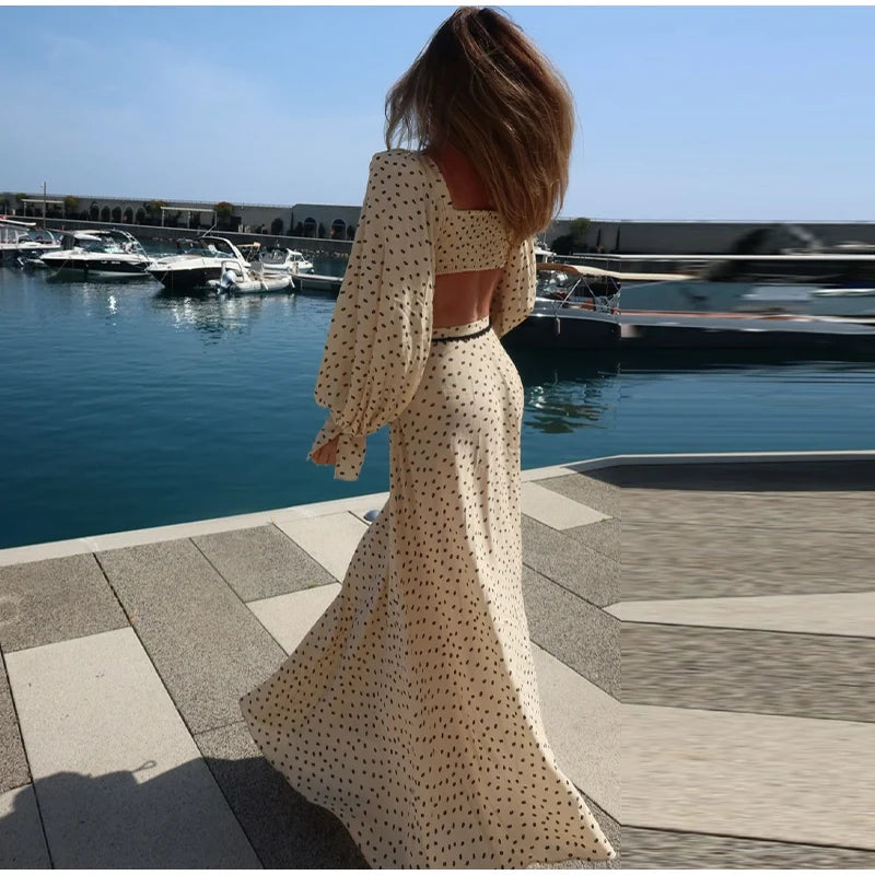 Elegant Female 2 Piece Skirt Set Polka Dots Printed Suit Cropped Short Sleeves Square Neck Top Slit High Waist Skirt Vintage Set