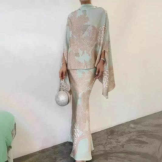 Print Long Skirt Sets Woman 2 Piece Cloak Bat Sleeve Tops Outfits Vestidos Elegant Long Dress Sets Partyclub