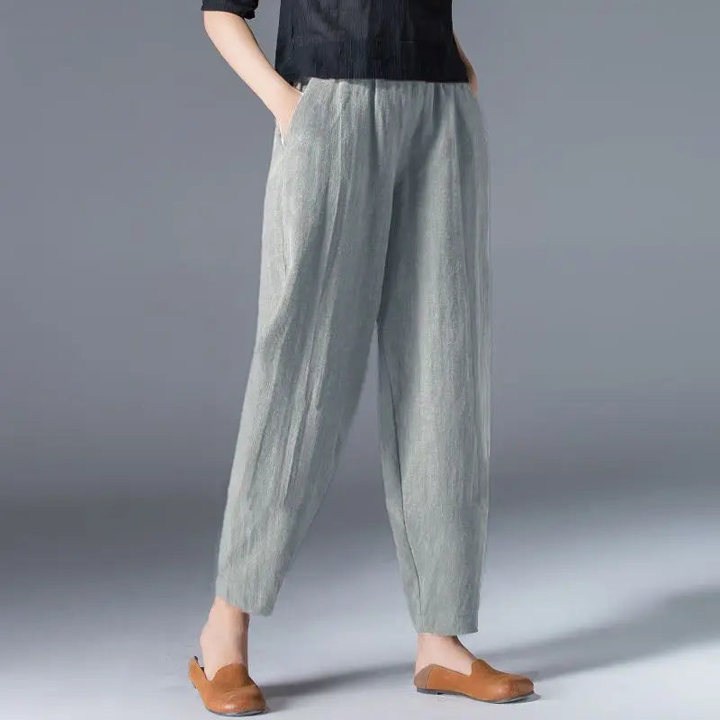 Cotton Wide Leg Pants Female Loose Oversized Solid Color Harem Summer Casual Elastic Waist Ankle-length Pants Women Clothing