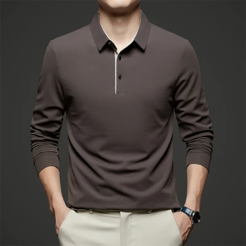 New Men's Business Casual  Long Sleeve Solid Color Polo Shirt Fashionable Warm Comfortable Four Seasons Versatile Top