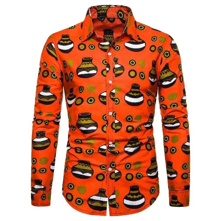 African Traditional Print Men's Shirts Casual Single-Breasted Blouses Long Sleeve Shirt Streetwear Trend Lapel Tops Men Clothing