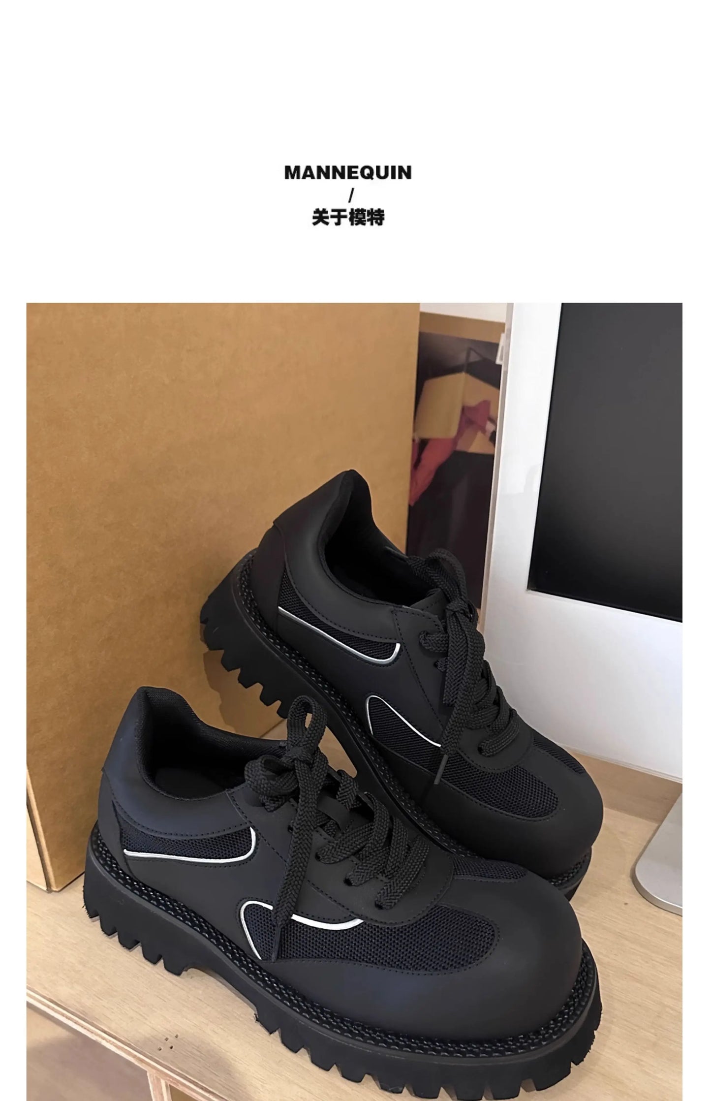 Sports leather shoes for men lightweight mesh splicing genuine leather black thick sole height increasing big head work shoes
