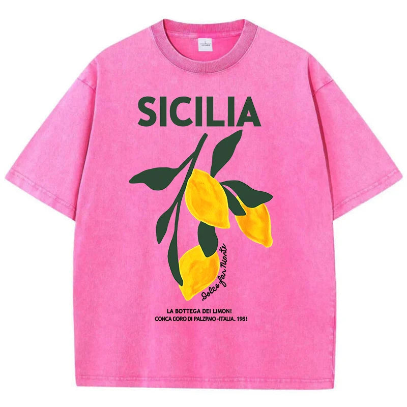 Amalfi Coast Italia Lemon Fruit Design Women Washed T-Shirts Y2K Casual T Shirt Summer Hip Hop Top Cotton Loose Short Sleeve