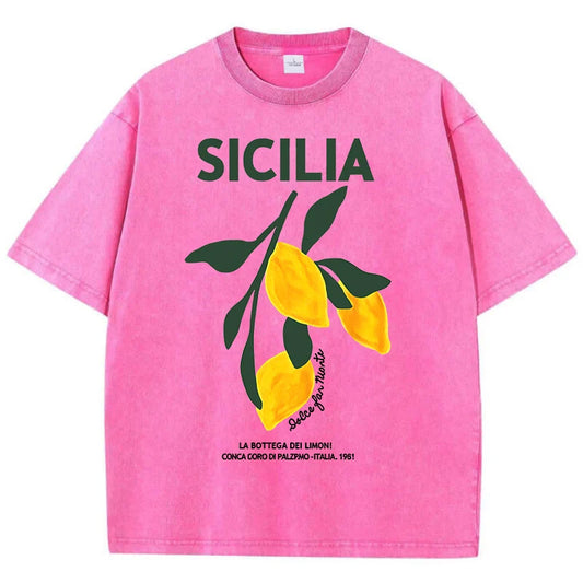 Amalfi Coast Italia Lemon Fruit Design Women Washed T-Shirts Y2K Casual T Shirt Summer Hip Hop Top Cotton Loose Short Sleeve