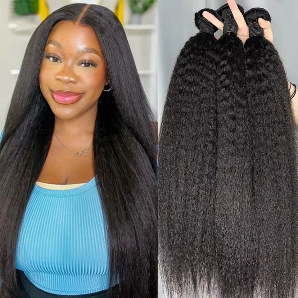 8-40 Kinky Straight Human Hair Bundles Coarse Yaki Weave Bundles Brazilian Raw Human Hair Extensions Sale for Women Double Weft