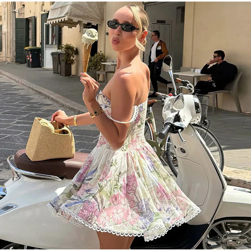 Floral Print Women Mini Skirt Set Lace Sleeveless Hollow Out Cami Shirred Waist Ruffle Hem Short Skirts 2026 Summer Chic Suit