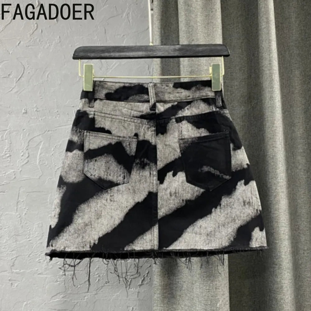 FAGADOER Gray Tie Dye Printing Fashion Denim Mini Skirts Women High Waist Button Pocket A-line Jean Skirts Sexy Y2K Streetwear