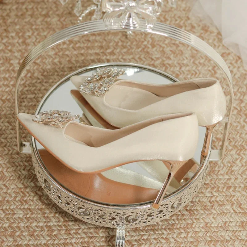 Women's Crystal Square Buckle High Heels Pumps 2024 Elegant Silk Thin Heeled Wedding Shoes Woman Slip On Pointed Toe Dress Shoes