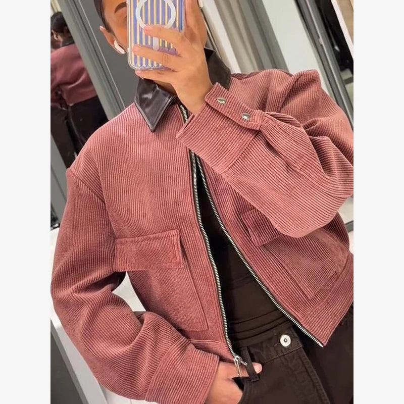 Women Pu Leather Collar Pink Cropped Jacket Corduroy Fashion Long Sleeve Zipper Coat 2026 New Lady Spring Chic Street Outwear