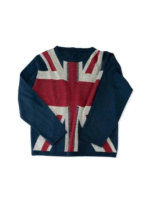 Y2K Unisex Union Jack Sweater, British Flag Graphic Long Sleeve Top, Casual Oversized Streetwear Knitted Jumper