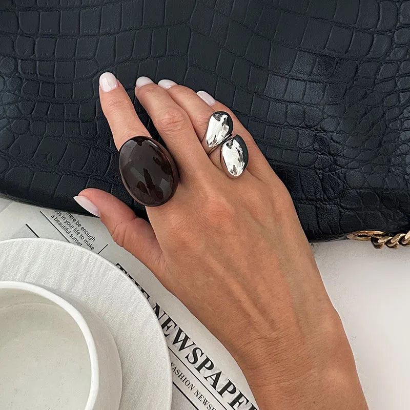 New Vintage Metal Water Drop Acrylic Ring Women Fashion Geometric Thick Resin Knuckle Rings Set Boho Jewelry 2Pcs/Set