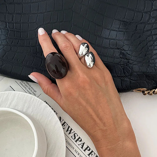 New Vintage Metal Water Drop Acrylic Ring Women Fashion Geometric Thick Resin Knuckle Rings Set Boho Jewelry 2Pcs/Set