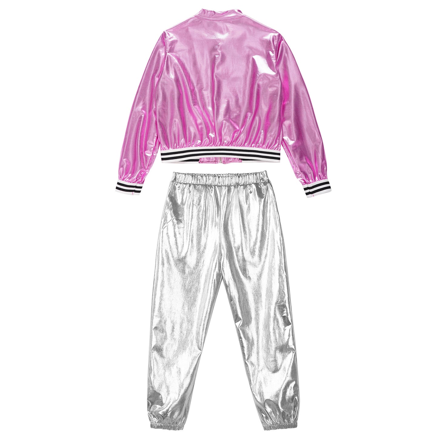 Kids Girls Sports Outfits Jazz Hip Hop Street Dance Costume Shiny Metallic Long Sleeves Bomber Jacket Coat with Pants Streetwear