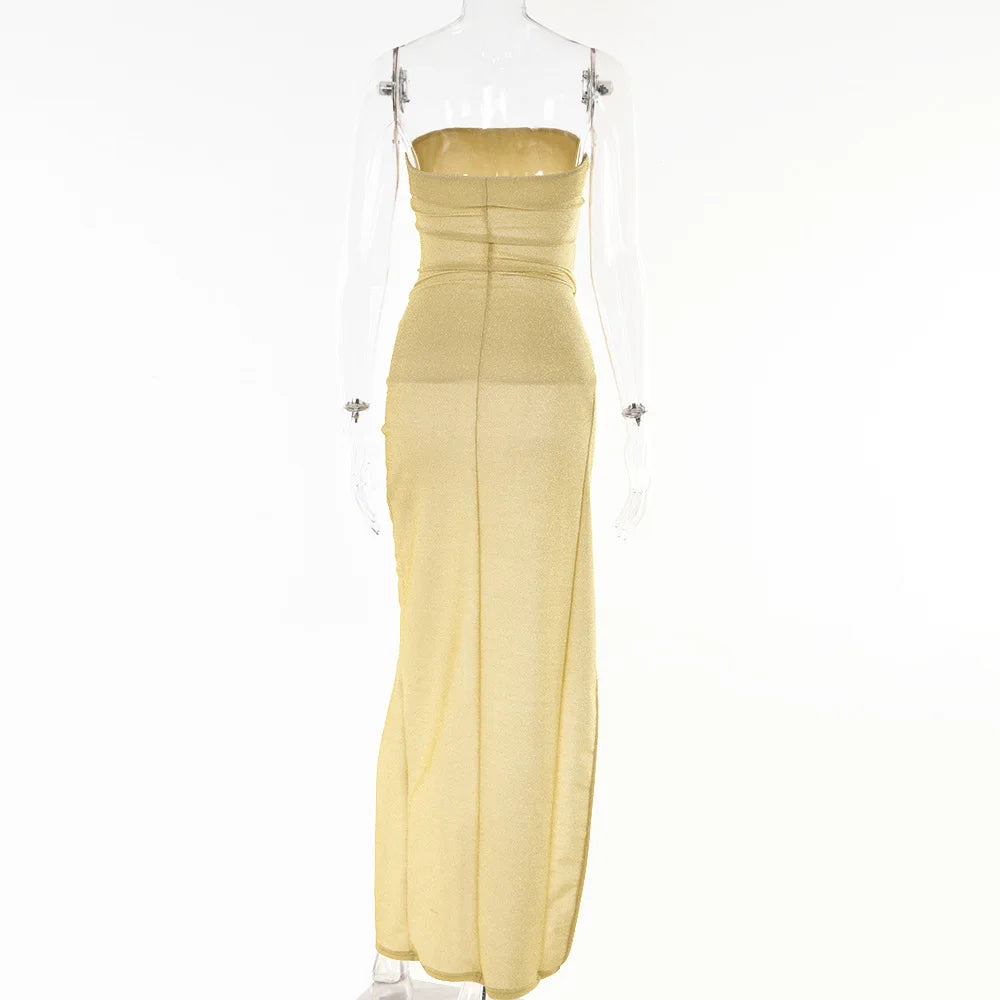 Cryptographic Summer Sexy Strapless Cut Out Slit Maxi Dress Elegant Outfits for Women Sleeveless Glitter Twist Dresses Vestido