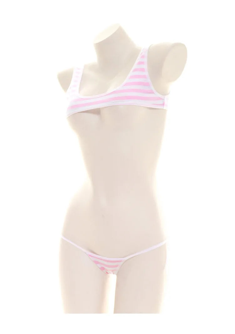 Sexy Japanese Style  Blue White Stripe Bikini Swimsuit Striped Halter Micro Bikini Set Love Female StudenLolita Kawaii Swimsuit