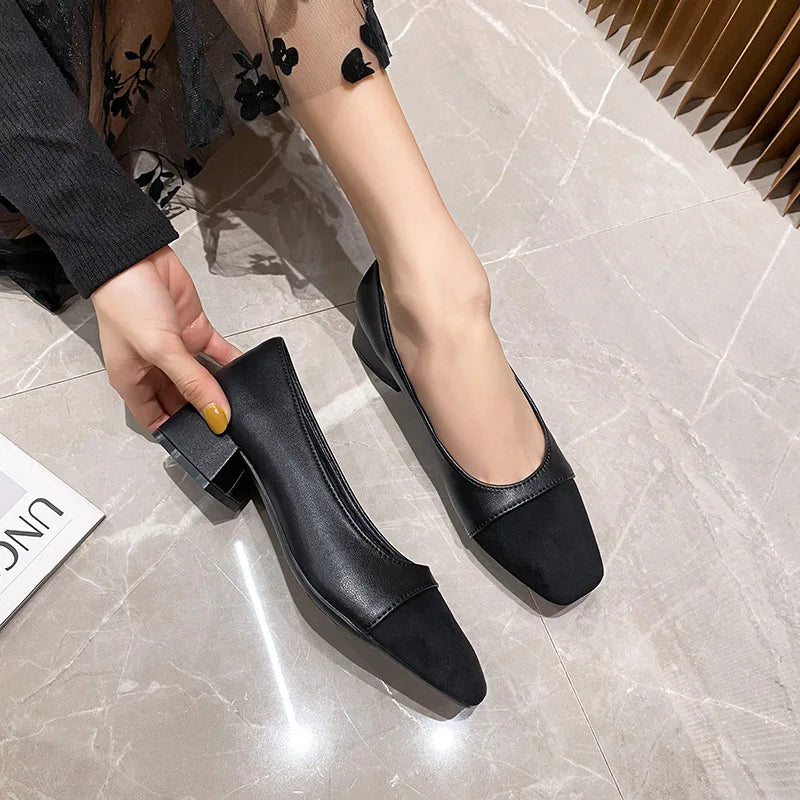 Woman Elegant Square Toe 3cm High High Heels Cute Beige Shallow Mouth Heel Female Shoes Barefoot Color Blocking Birken Shoes