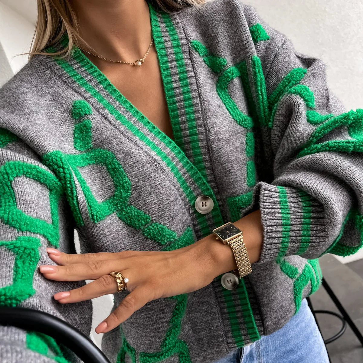 Autumn Winter Jacquard Knitted Coat Women Fashion V-neck Long Sleeve Single Breasted Knitting Cardigan Coats Female Streetwear